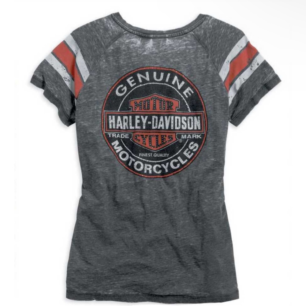 EUC Harley-Davidson® Womens V-neck Genuine Oil Can Burnout Tee || Grey || Small